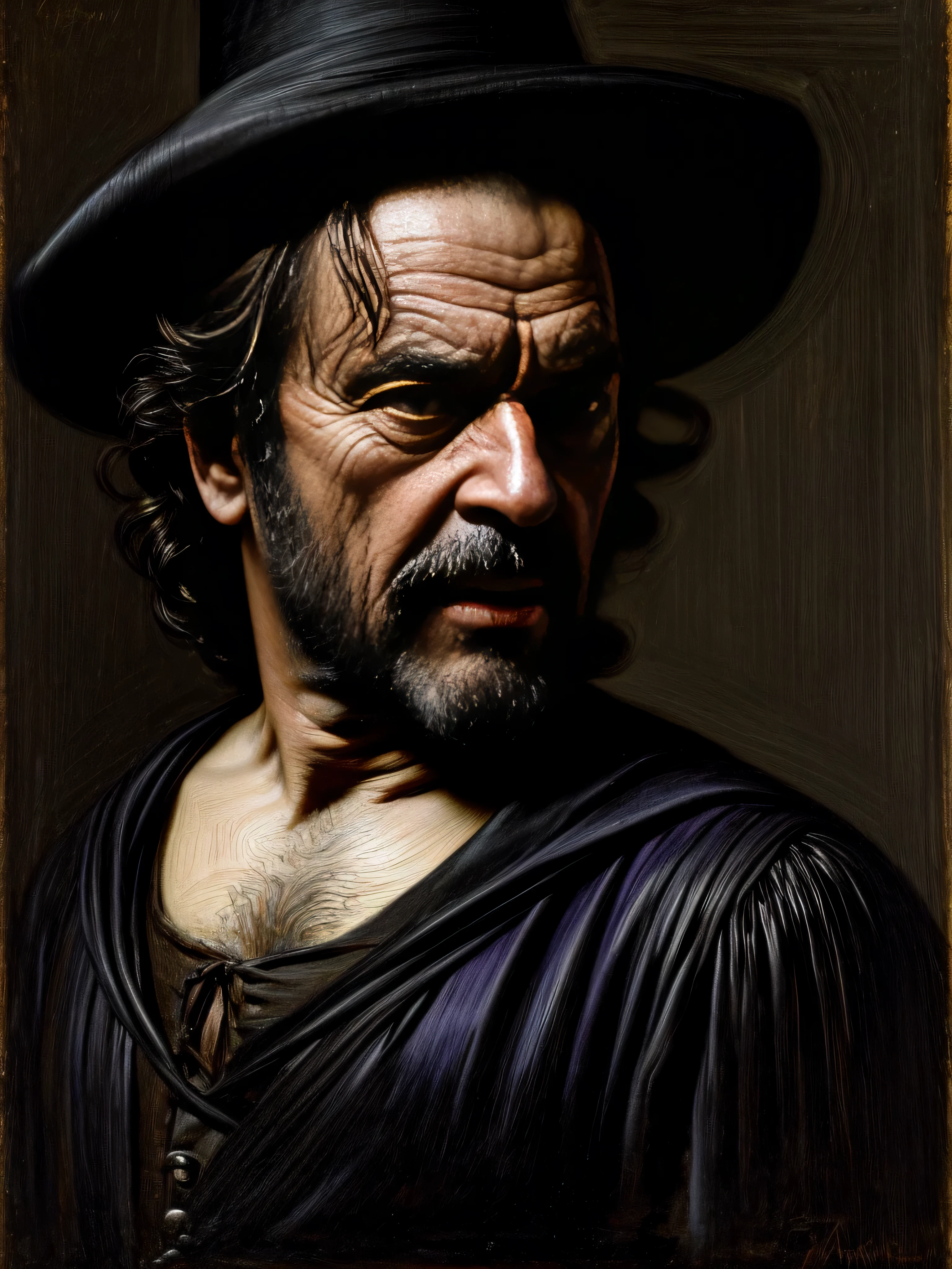 An old Jack Nicholson in a conquistador outfit, sword and shield, slender almost gaunt, with shoulder length black hair, sinister look on his face, smiling, jet black hair, purple coloured eyes, day, medieval aesthetics, sharp focus, intricate details, highly detailed, depth of field, sharp focus, high detail, sunken eyes, sharp chin and facial features, olive skin, sharp nose, ragged, angry eyes, Detailed oil painting, Glazing, Tenebrism, scumbling, oil painting, baroque style, by Rembrandt, by Artemisia Gentileschi, Caravaggio