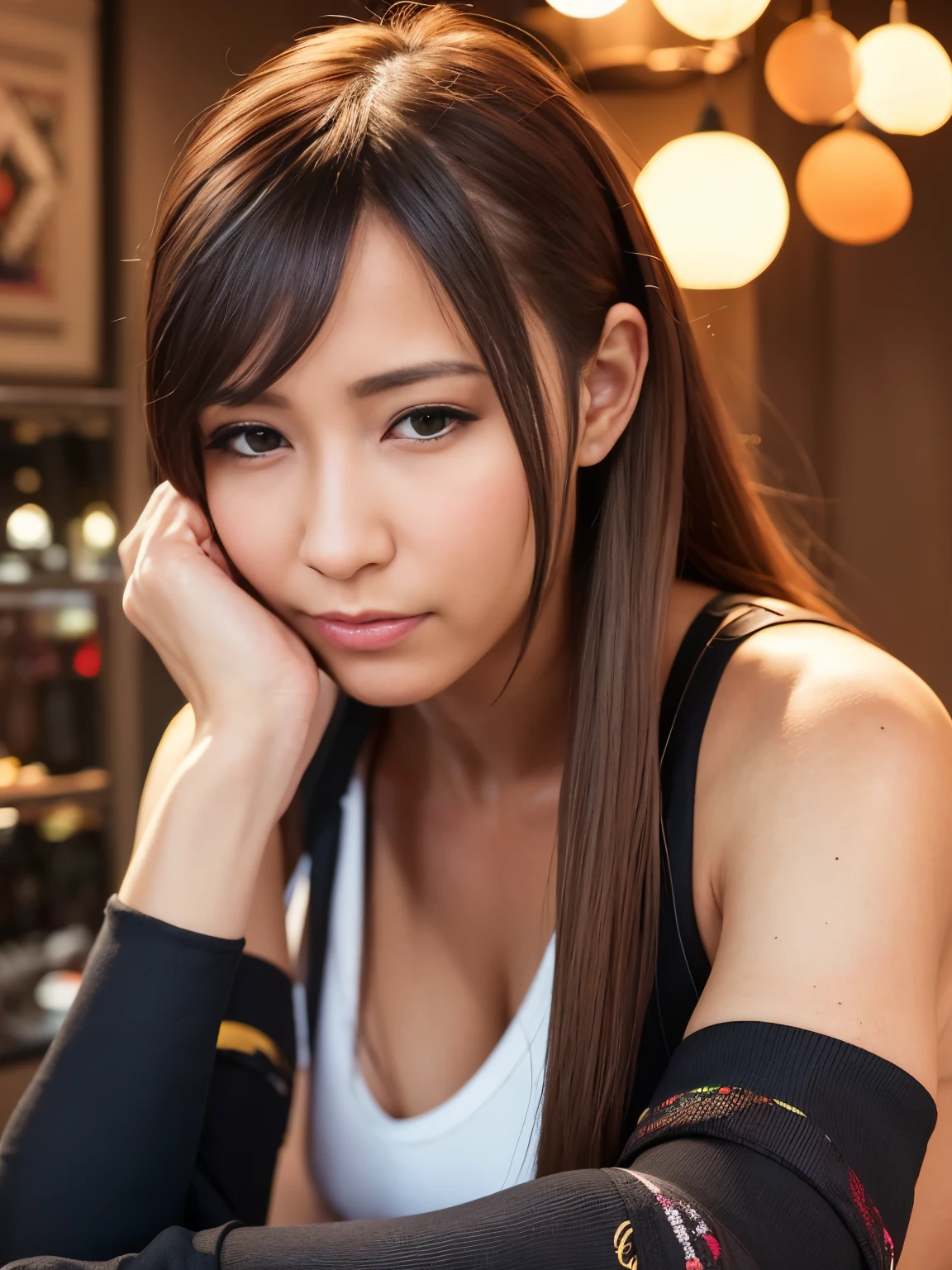 (8k, highest quality, masterpiece:1.2), (realistic, realistic:1.37), super detailed, 《Final Fantasy VII Remake》Detailed portrait of Zontifa Lockhart，Date at a stylish cafe in the middle of the cityscape, Looks cute and lonely，There are beautiful details of blush on the eyes and nose. 彼女はelbow padsを着用しています, ankle boots, black skirt, black thigh heights, and red boots, Pair with elbow gloves, elbow pads, and fingerless gloves. Her outfit includes a sports bra, suspender skirt, thigh height, and a white vest. Her whole body is visible，her head was resting on her hands, show off her beautiful face, long hair tied low, and lips. The scene is illuminated by professional lighting, photon mapping, and radio city, Tetsuya Nomura&#39;s style and sense of the future of networks. The background features yellow flowers and bokeh effects. Tifa smiled slightly.，closed your mouth.