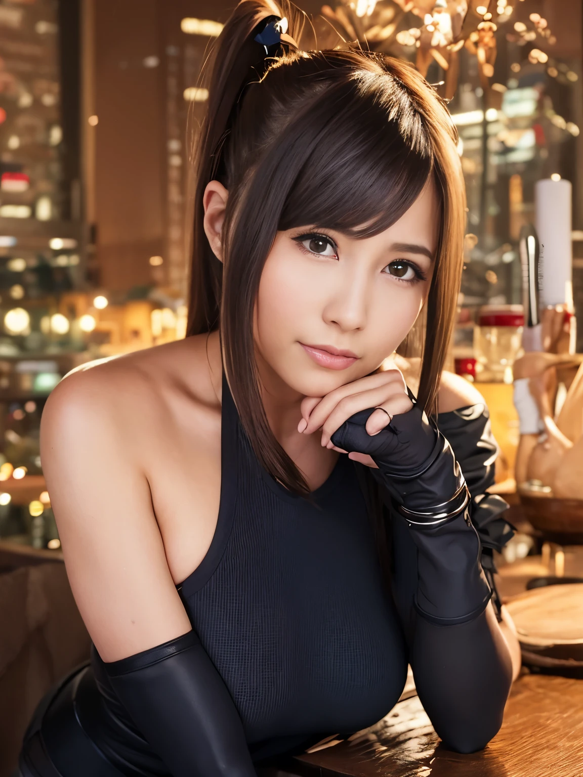 (8k, highest quality, masterpiece:1.2), (realistic, realistic:1.37), super detailed, 《Final Fantasy VII Remake》Detailed portrait of Zontifa Lockhart，Date at a stylish cafe in the middle of the cityscape, Looks cute and lonely，There are beautiful details of blush on the eyes and nose. 彼女はelbow padsを着用しています, ankle boots, black skirt, black thigh heights, and red boots, Pair with elbow gloves, elbow pads, and fingerless gloves. Her outfit includes a sports bra, suspender skirt, thigh height, and a white vest. Her whole body is visible，her head was resting on her hands, show off her beautiful face, long hair tied low, and lips. The scene is illuminated by professional lighting, photon mapping, and radio city, Tetsuya Nomura&#39;s style and sense of the future of networks. The background features yellow flowers and bokeh effects. Tifa smiled slightly.，closed your mouth.