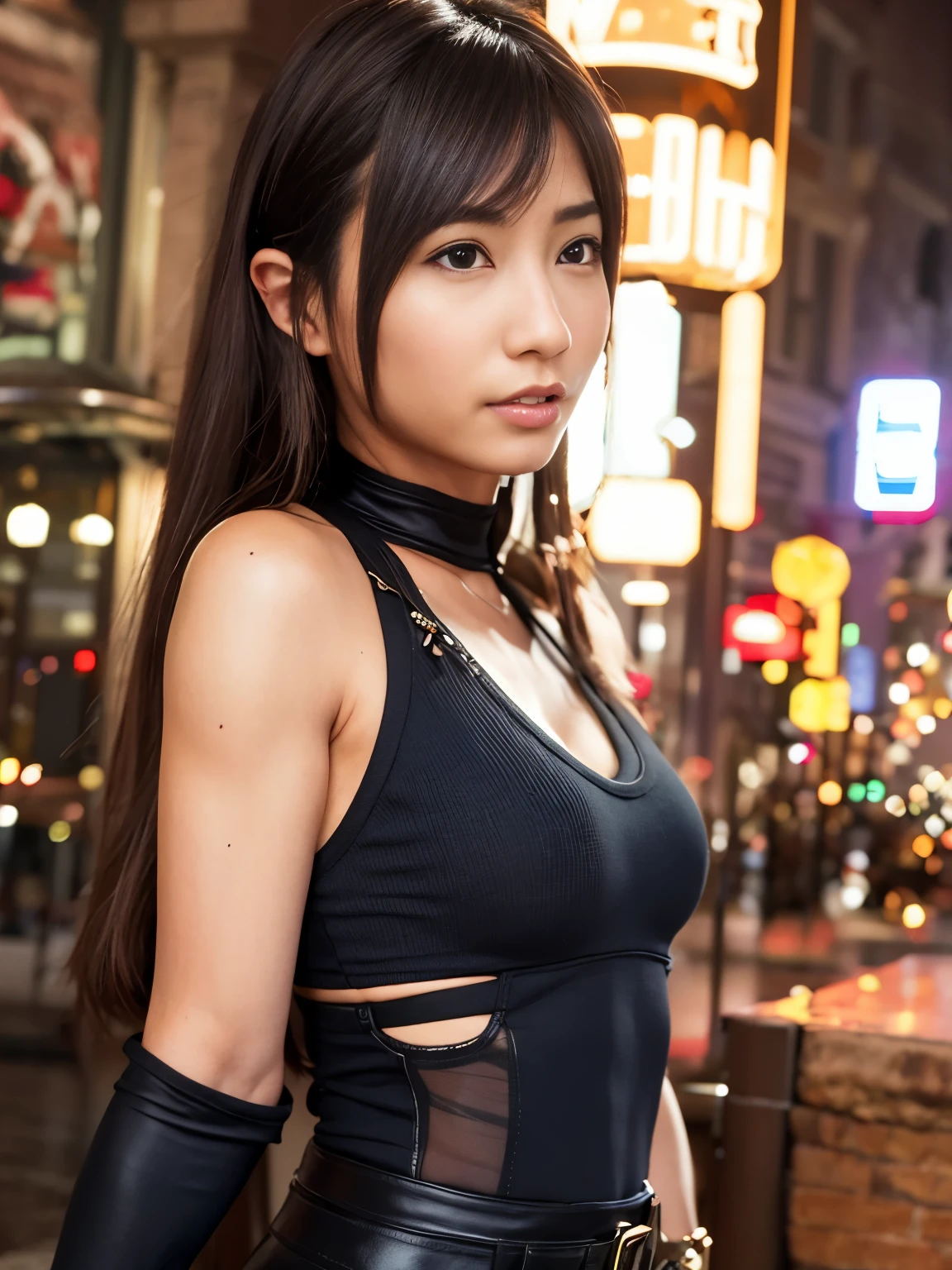 (8k, highest quality, masterpiece:1.2), (realistic, realistic:1.37), super detailed, 《Final Fantasy VII Remake》Detailed portrait of Zontifa Lockhart，Date at a stylish cafe in the middle of the cityscape, Looks cute and lonely，There are beautiful details of blush on the eyes and nose. 彼女はelbow padsを着用しています, ankle boots, black skirt, black thigh heights, and red boots, Pair with elbow gloves, elbow pads, and fingerless gloves. Her outfit includes a sports bra, suspender skirt, thigh height, and a white vest. Her whole body is visible，her head was resting on her hands, show off her beautiful face, long hair tied low, and lips. The scene is illuminated by professional lighting, photon mapping, and radio city, Tetsuya Nomura&#39;s style and sense of the future of networks. The background features yellow flowers and bokeh effects. Tifa smiled slightly.，closed your mouth.