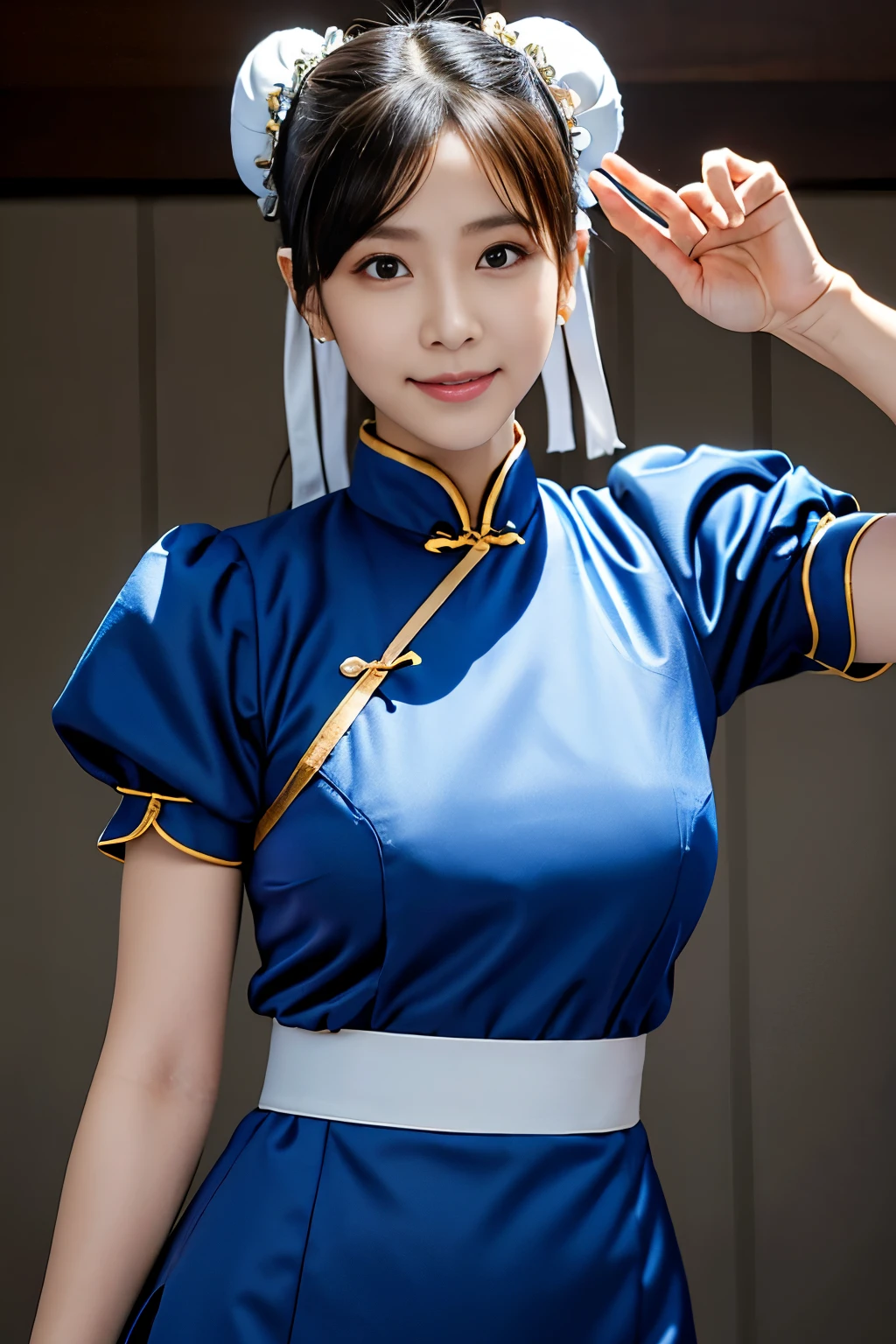 Chun-Li de Street Fight II,costume parfait de Chun Li,Cheongsam bleu avec lignes dorées,Tête de chignon,couverture de chignon,pose de combat,chef-d&#39;œuvre、1 belle fille、Beaux yeux、yeux gonflés、la plus haute qualité, 超Haute résolution, (réalité: 1.4), éclairage de cinéma、Japonais、beauté asiatique、coréen、super belle、Belle peau、Corps tourné vers l&#39;avant、gros plan du visage、(超réalité的な)、(Haute résolution)、(8k)、(Très détaillé)、(美しくBeaux yeux)、(Super détaillé)、 (mur-)、visage détaillé、éclairage lumineux、éclairage professionnel、regarder le spectateur、Regardez droit devant、frange inclinée、Idole Nogizaka、Idole coréenne、chef-d&#39;œuvre, la plus haute qualité, chef-d&#39;œuvre, la plus haute qualité, visage parfait, yeux marron parfaits avec sclère blanche, mauvais coup-5, seul, 1 fille, haut du corps, cheveux bruns, À partir de SF2, service chinois, sourire, femme musclée, Vêtements bleus, collants, rideau pelvien, manches courtes bouffantes, Bonne couverture, Ceinture, évaluation:sécurité