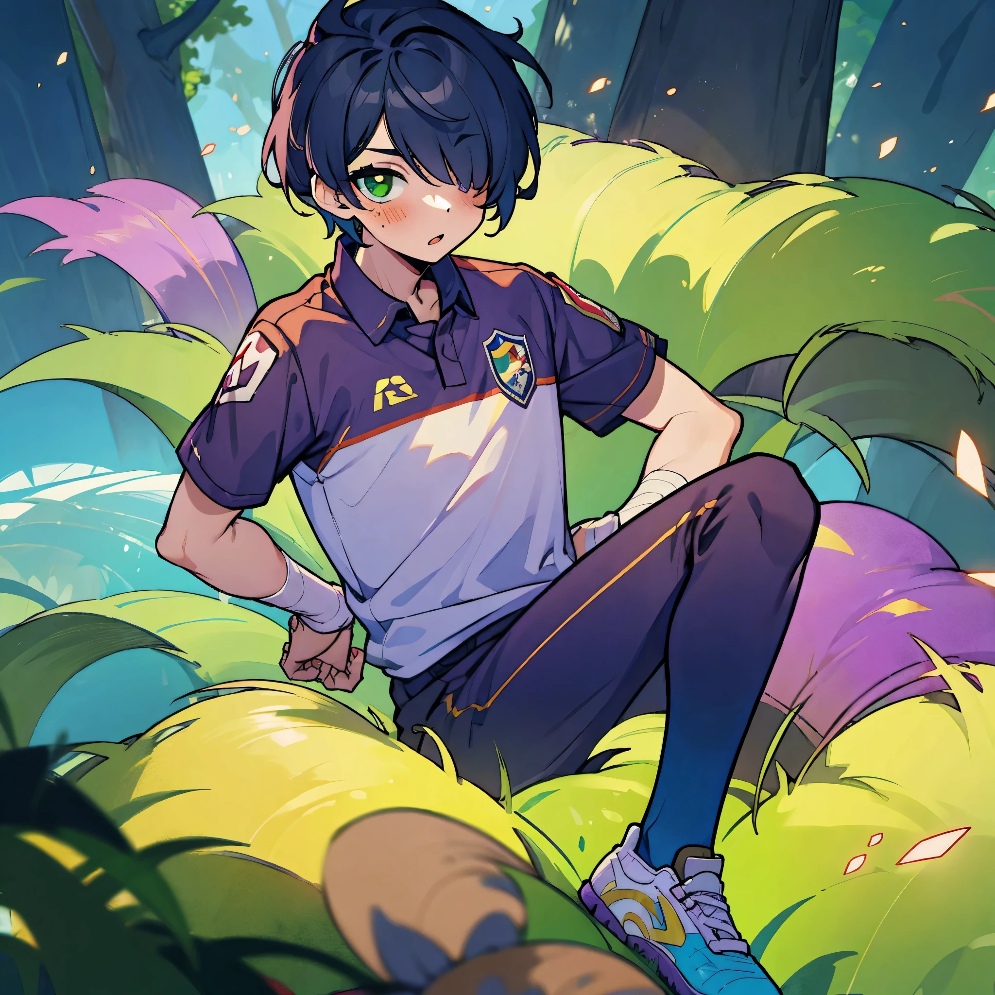 (1boy,masculino,solo),soccer uniform , heterochromia , one eye green , one eye purple