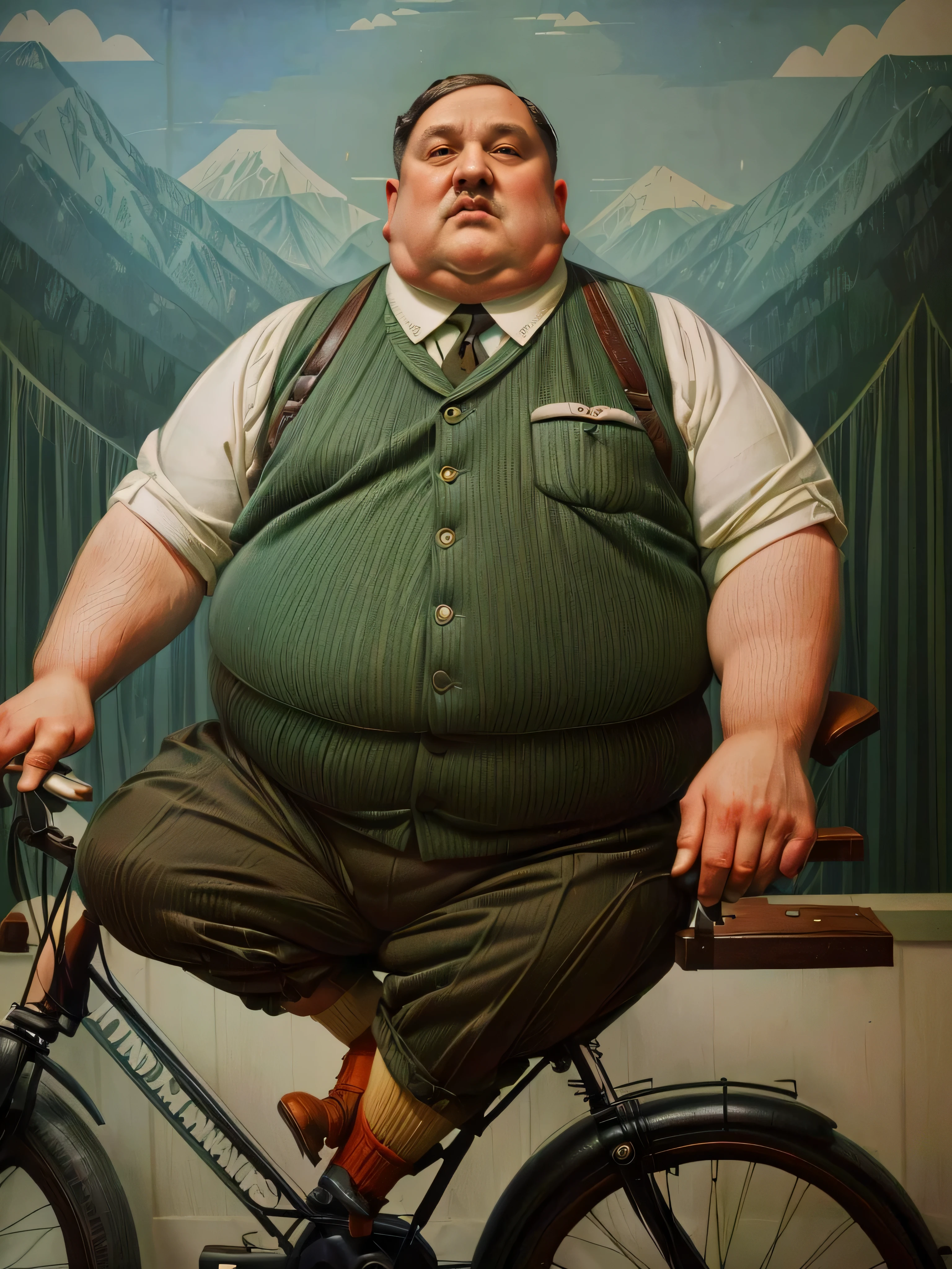 1930, massachusetts mountain village. Pre-raphaelite ((((85-year-old)) extremely fat, 500 pounds heavy Adolf Hitler), riding on a bicycle ((((casual Clothing from the 1930s)))) ((Hairstyle of the 1930s)), ((Wes Anderson cinematic style)), colorful. 