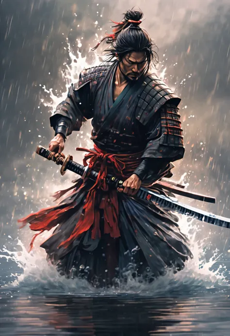 (best quality, ultra-fine, samurai emerge from the water, forcefully splash from clothes, one hand holds a katana, fighting, eva...