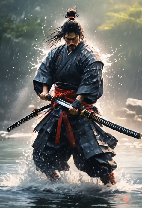 (best quality, Ultra-fine, Samurai emerge from the water, forcefully splash from clothes, One hand holds a katana, fighting, eva...