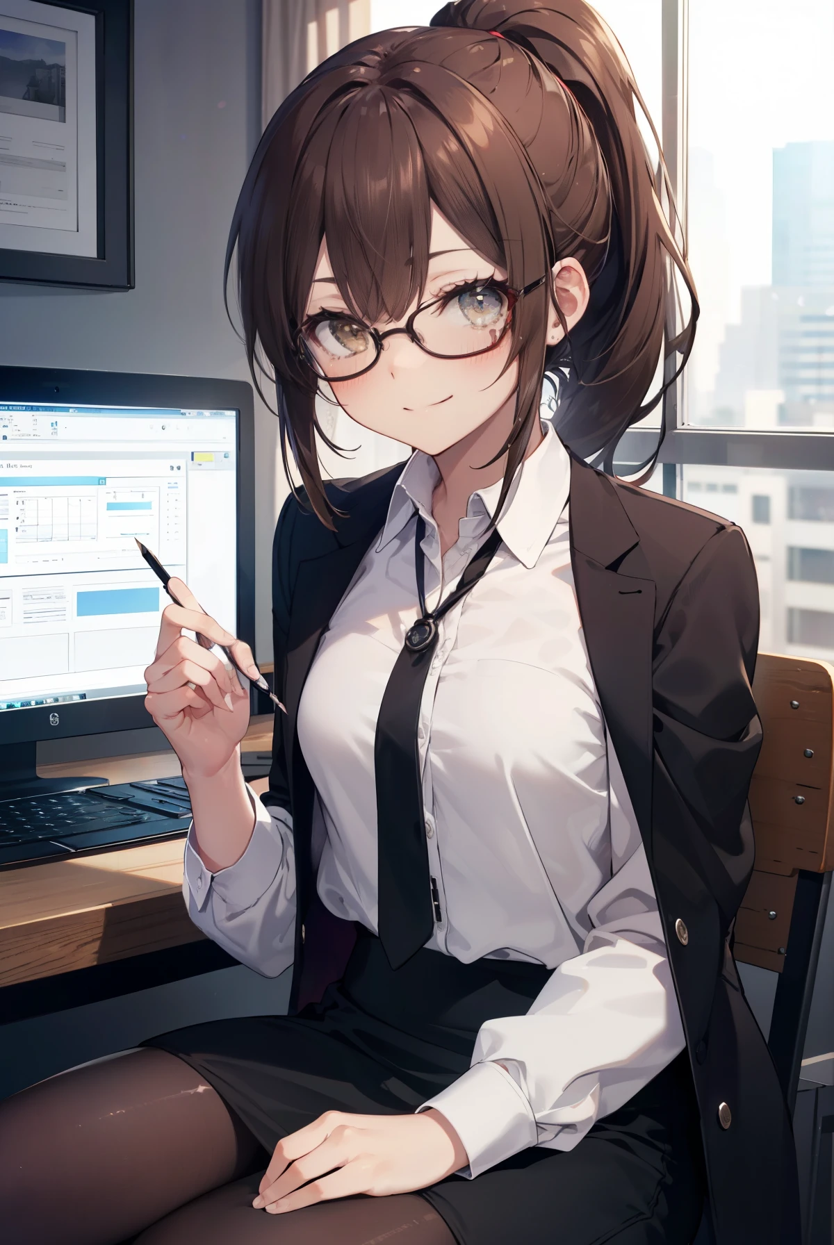 irohaisshiki, iroha isshiki, long hair, brown hair, (brown eyes:1.5), ponytail,smile,OL, red glasses, end, black suit jacket, collared jacket, white dress shirt, collared shirt, neckline, button, strap, ID card on the neck, black pencil skirt, black pantyhose, smile, blush, looking at the viewer, charm, Mechanical,On a computer,sitting in a chair, interior,touch typing , 
break indoors, office,
break (masterpiece:1.2), highest quality, High resolution, unity 8k wallpaper, (figure:0.8), (detailed and beautiful eyes:1.6), highly detailed face, perfect lighting, Very detailed CG, (perfect hands, perfect anatomy),