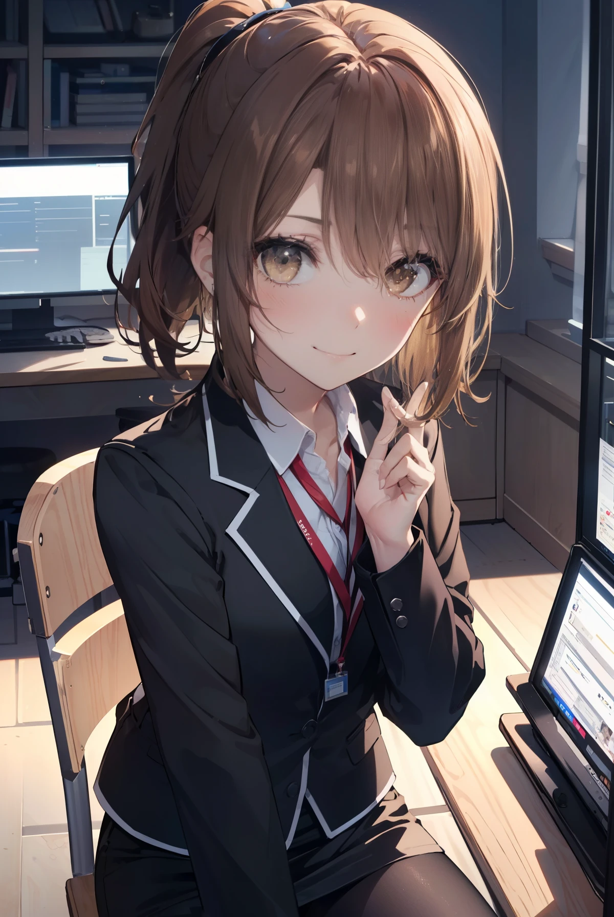 irohaisshiki, iroha isshiki, long hair, brown hair, (brown eyes:1.5), ponytail,smile,OL, red glasses, end, black suit jacket, collared jacket, white dress shirt, collared shirt, neckline, button, strap, ID card on the neck, black pencil skirt, black pantyhose, smile, blush, looking at the viewer, charm, Mechanical,On a computer,sitting in a chair, interior,touch typing , 
break indoors, office,
break (masterpiece:1.2), highest quality, High resolution, unity 8k wallpaper, (figure:0.8), (detailed and beautiful eyes:1.6), highly detailed face, perfect lighting, Very detailed CG, (perfect hands, perfect anatomy),