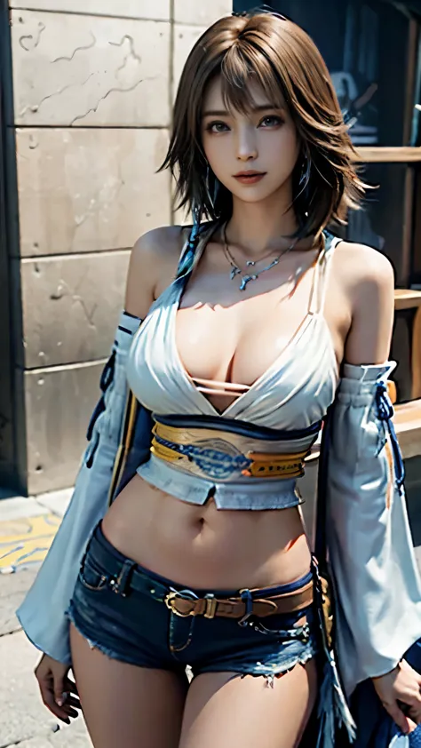 4k,1、denim bikini、table top, High resolution, super detailed), 1 female, 28 years old, Final Fantasy Yuna x2, More mature, ((simple background)), Plain dark background, ((There is nothing in the background)), surreal, Yuna's Final Fantasy Costume, Yuna's o...