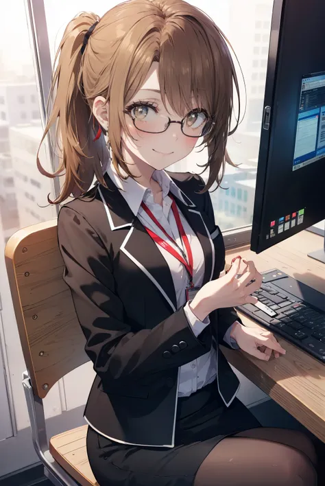 irohaisshiki, iroha isshiki, long hair, light brown hair, (brown eyes:1.5), ponytail,smile,ol, red glasses, end, black suit jack...