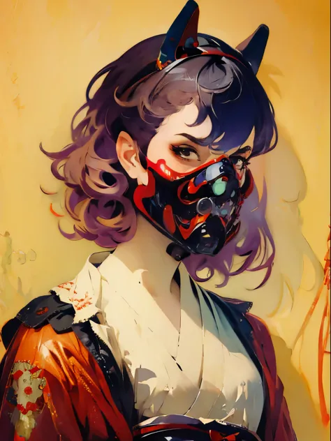 Hannya mask style of 0mib, illustrator, masterpiece, high quality, 8k, high resolution, high detailed, samurai, 1girl