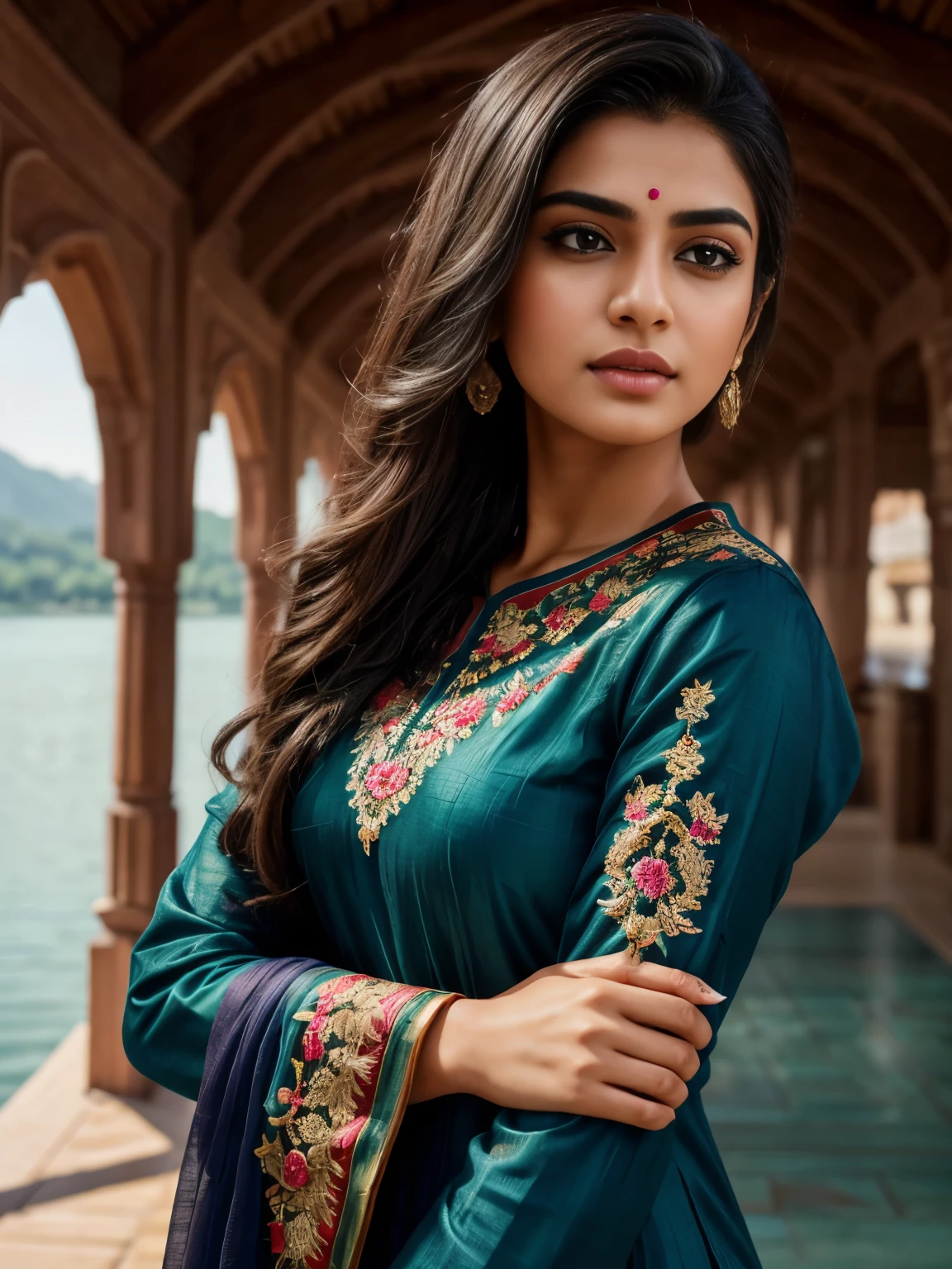 ultra-realistic photographs,Indian Instagram female model,mid 20s,9:16,mid-shot,beautiful detailed eyes,detailed lips,longeyelashes,black stylish hair, naturally full eyebrows,perfectly formed nose,expressive face,attractive appearance,candid photo,vibrant and colorful salwar-kameez dress, heavily embroidered dress, lake background, serene atmosphere,stunning architecture,soft and natural lighting,vivid colors,photorealistic,HDR,highres,studio lighting,ultra-detailed,bokeh,fully covered clothes