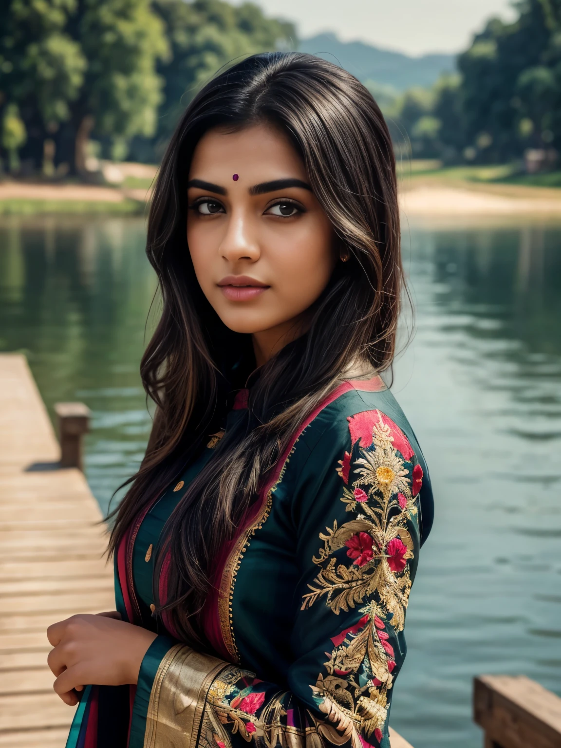 ultra-realistic photographs,Indian Instagram female model,mid 20s,9:16,mid-shot,beautiful detailed eyes,detailed lips,longeyelashes,black stylish hair, naturally full eyebrows,perfectly formed nose,expressive face,attractive appearance,candid photo,vibrant and colorful salwar-kameez dress, heavily embroidered dress, lake background, serene atmosphere,stunning architecture,soft and natural lighting,vivid colors,photorealistic,HDR,highres,studio lighting,ultra-detailed,bokeh,fully covered clothes