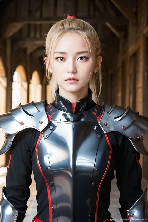 (highest quality:1.2),(perfect beautiful face 1.2),(perfect and beautiful posture:1.2),(Woman warrior:1.2),blonde ponytail,clear eyes,She wears beautiful black armor with a red dot., in a fortified city