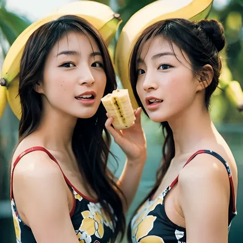 Sexy and hot identical twin sisters win bananas, Lick banana