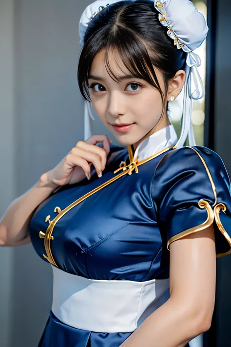 Chun-Li from Street Fight II,perfect chun li costume,Blue cheongsam with gold lines,Bun head,bun cover,fighting pose,masterpiece...