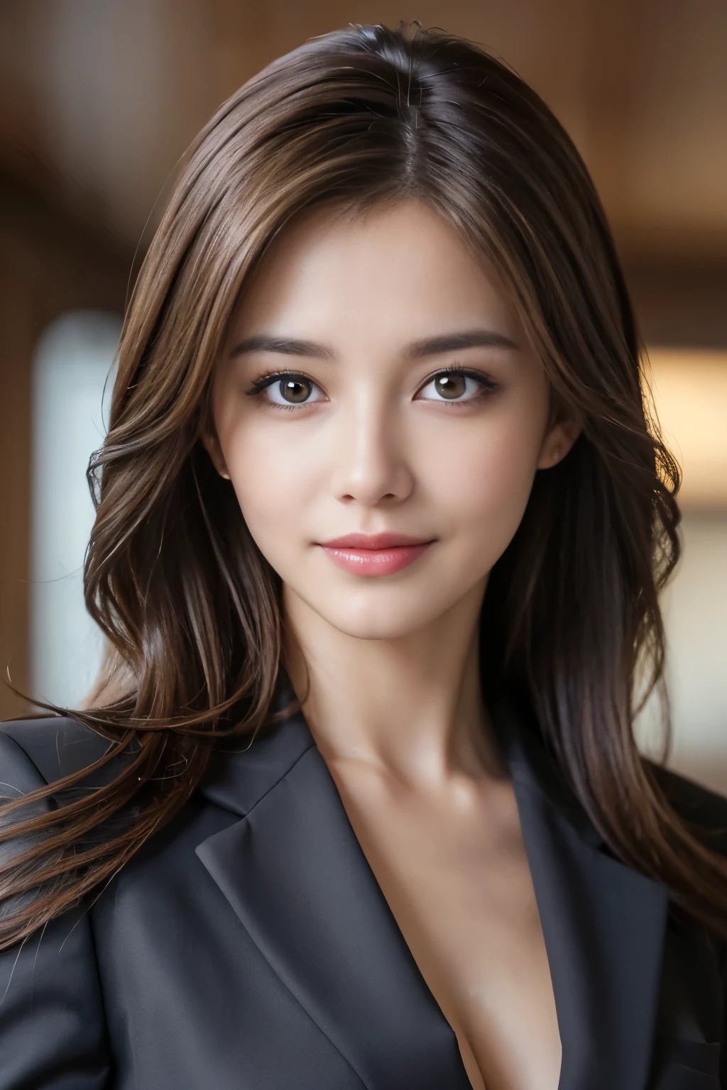 table top, highest quality, realistic, Super detailed, finely, High resolution, 8k wallpaper, 1 beautiful woman,, light brown messy hair, wearing a business suit, sharp focus, perfect dynamic composition, beautiful and detailed eyes, thin hair, Detailed realistic skin texture, smile, close-up portrait, model body shape