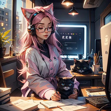 Make an oil painting of adorable female streamer sitting at her computer with her eyes closed, wearing headphones with cat ears,...