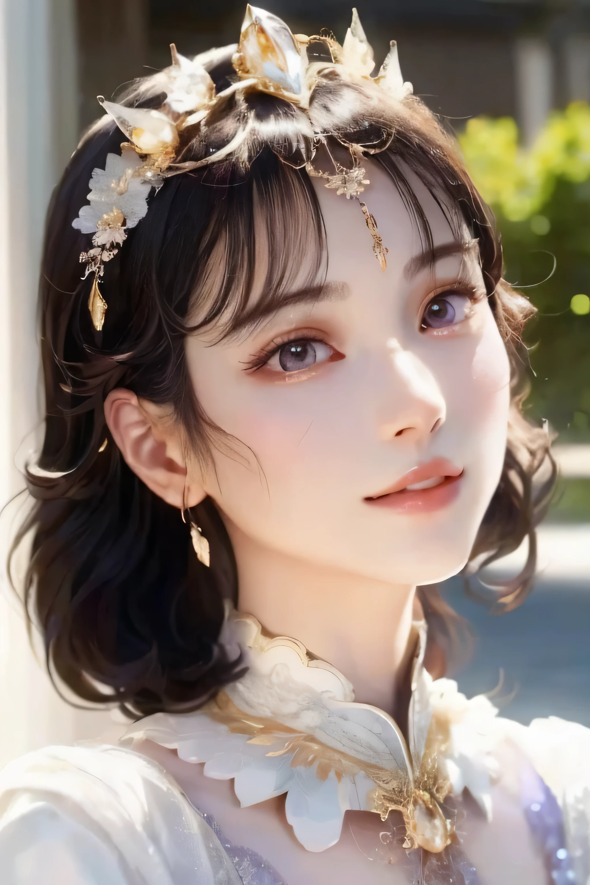 face is in front、look at the camera、profile、8k、real photos、ultra high resolution, master parts, highest quality, ticker , cinematic images,nice girl、Ann、16 years old、Annグロサクソン、double eyelid、droopy eyes、very big eyes、eyes are purple、dark eyeshadow、lips are very thin、long nose.、nostrils are very small, very detailed , silver hair、straight short hair、smile、 sweet expression 、）、very clear shadows , jewelry , fine eyes, extremely difficult, shiny skin , パーフェクトブリリAnnト, perfect sentence, dramatic shadow、white tiara on head、gold necklace around the neck、White aristocratic dress with gold embroidery、glass high heels、angel wings