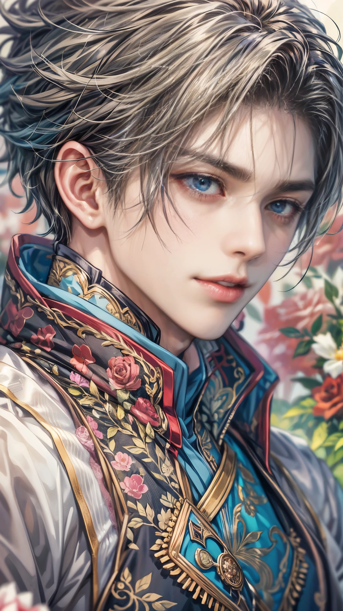 (absurdos, alta resolução, ultra detalhado, HDR), obra de arte, detalhes intrincados, imagem em close de melhor qualidade de um personagem de suikoden, um personagem com aparência bonita, rosto coreano, cabelo original, cabelo curto, olhos azuis do anime, rosto sorridente, adolescente maduro, tema Tim Burton, roupa escura com tema de casamento real mostrando o peito, corte superior, fundo detalhado do cenário do casamento no jardim, cenário de rosas coloridas, personagem detalhado, arte kenouji