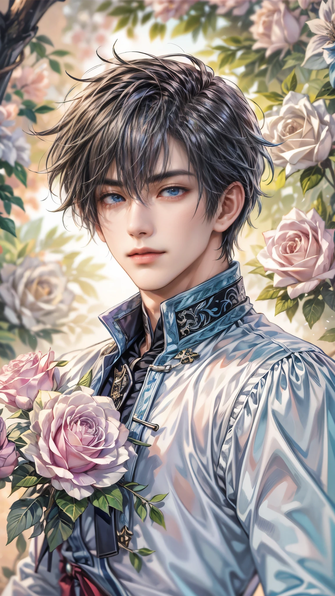 (absurdres, highres, ultra detailed, HDR), masterpiece, intricate details, best quality close-up picture of a character from suikoden, a character with handsome looks, korean face, original hair, short hair, anime blue eyes, smirking face, matured teen, tim Burton theme, dark royal wedding theme outfit showing chest, crop top, detailed garden wedding setting background, colorful roses scenery, detailed character, art kenouji