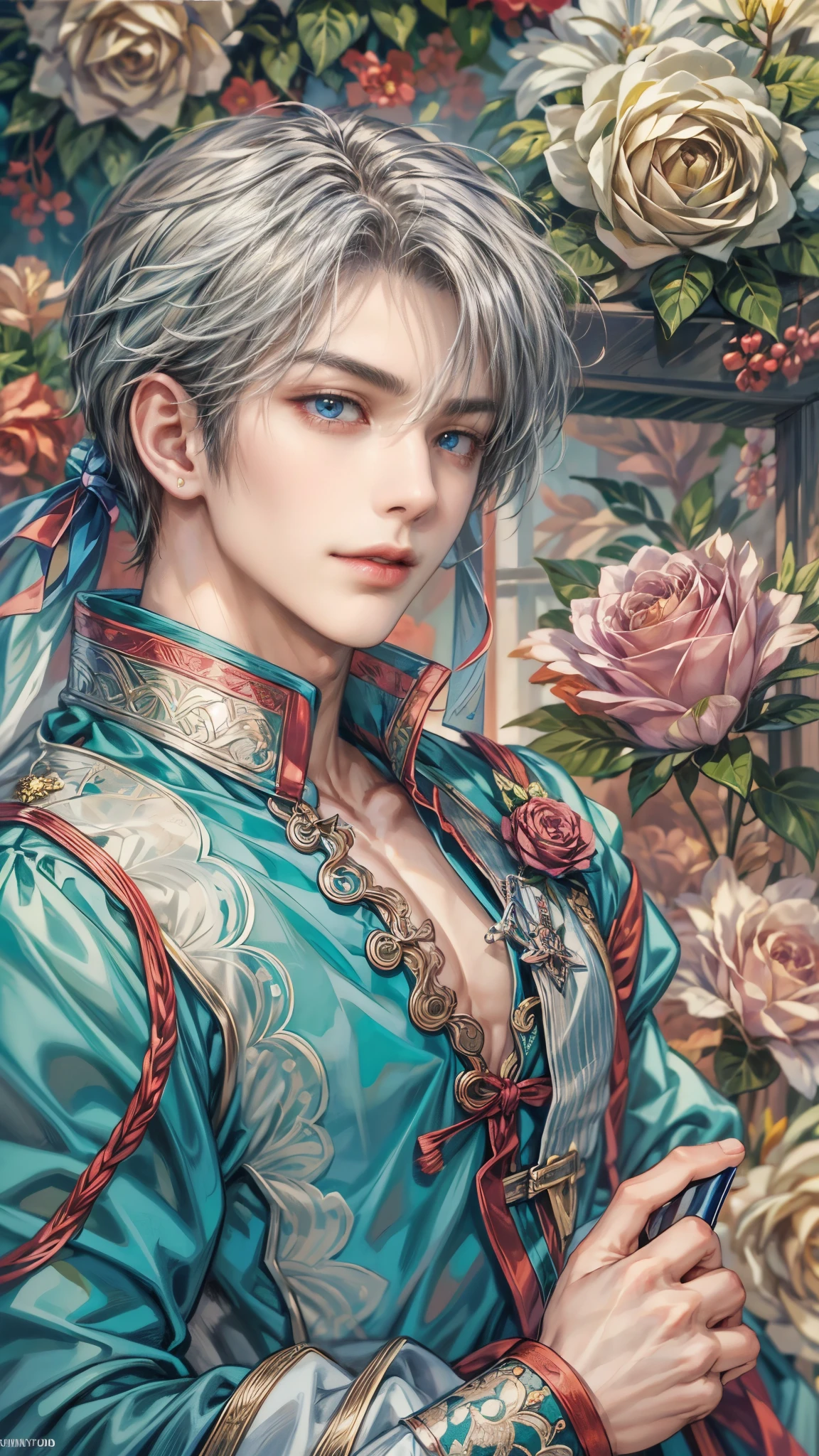 (absurdos, alta resolução, ultra detalhado, HDR), obra de arte, detalhes intrincados, imagem em close de melhor qualidade de um personagem de suikoden, um personagem com aparência bonita, rosto coreano, cabelo original, cabelo curto, olhos azuis do anime, rosto sorridente, adolescente maduro, tema Tim Burton, roupa escura com tema de casamento real mostrando o peito, corte superior, fundo detalhado do cenário do casamento no jardim, cenário de rosas coloridas, personagem detalhado, arte kenouji