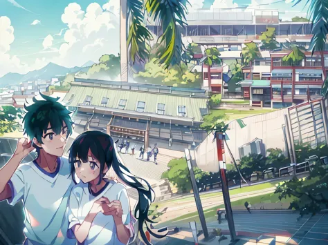 There are two photos of a couple standing in front of a building, high school background, Japanese high school, Kyoto animation ...