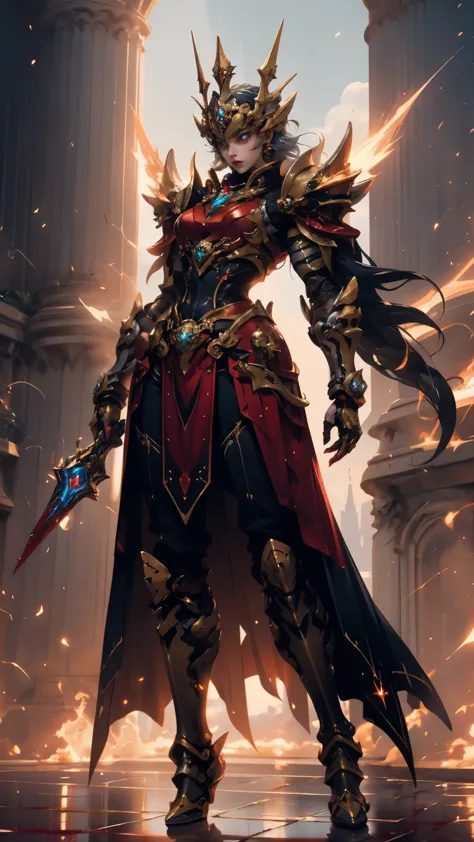 A woman adorned in fantasy-style full-body armor, a crown-concept fully enclosed helmet that unveils only her eyes, a composite ...