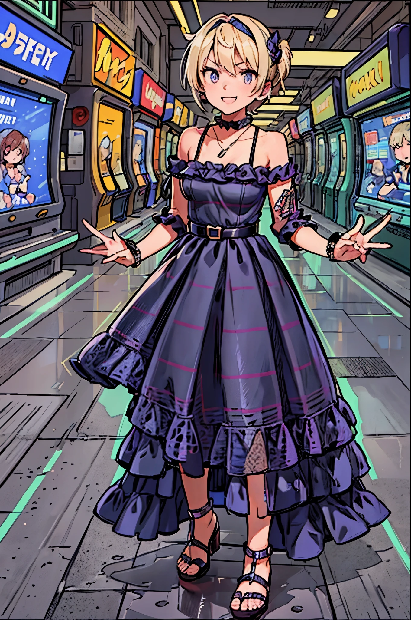 A cartoon picture of a woman in a dress standing in a subway - SeaArt AI