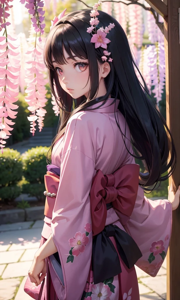 masterpiece, (pink kimono), seductive face, good lighting, low-cut, small details, masterpiece, glowing eyes, 1girl, black hair, on face, Nezuko Kamado, wisteria background, masterpiece, best quality, POV, different poses, backwards, looking back