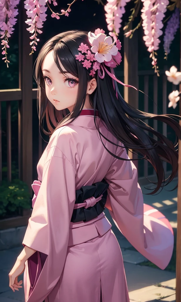 masterpiece, (pink kimono), seductive face, good lighting, low-cut, small details, masterpiece, glowing eyes, 1girl, black hair, on face, Nezuko Kamado, wisteria background, masterpiece, best quality, POV, different poses, backwards, looking back