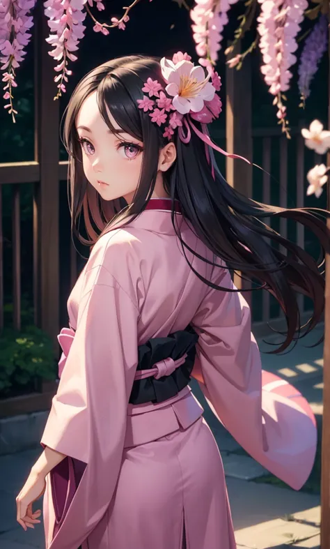 masterpiece, (pink kimono), seductive face, good lighting, low-cut, small details, masterpiece, glowing eyes, 1girl, black hair,...