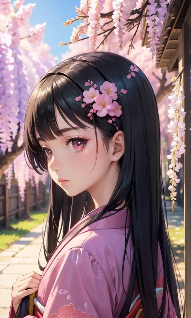 masterpiece, (pink kimono), seductive face, good lighting, low-cut, small details, masterpiece, glowing eyes, 1girl, black hair, on face, Nezuko Kamado, wisteria background, masterpiece, best quality, POV, different poses, backwards, looking back