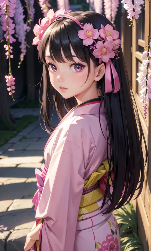 masterpiece, (pink kimono), seductive face, good lighting, low-cut, small details, masterpiece, glowing eyes, 1girl, black hair, on face, Nezuko Kamado, wisteria background, masterpiece, best quality, POV, different poses, backwards, looking back