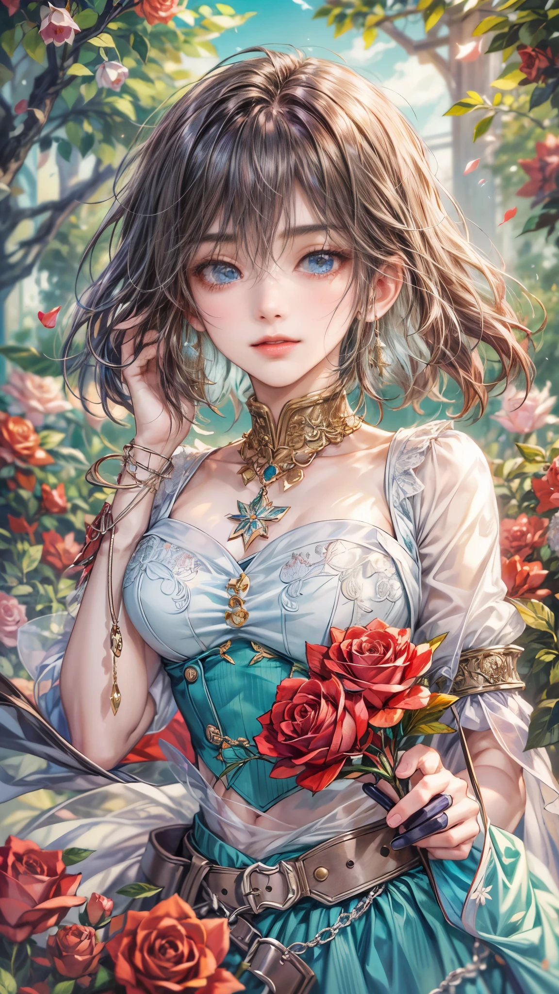 (absurdos, alta resolução, ultra detalhado, HDR), obra de arte, detalhes intrincados, imagem em close de melhor qualidade de um personagem de suikoden, um personagem com aparência bonita, rosto coreano, cabelo original, cabelo curto, olhos azuis do anime, rosto sorridente, adolescente maduro, tema Tim Burton, fantasia de terror mostrando o peito, corte superior, fundo detalhado do cenário do casamento no jardim, cenário de rosas coloridas, personagem detalhado, arte kenouji