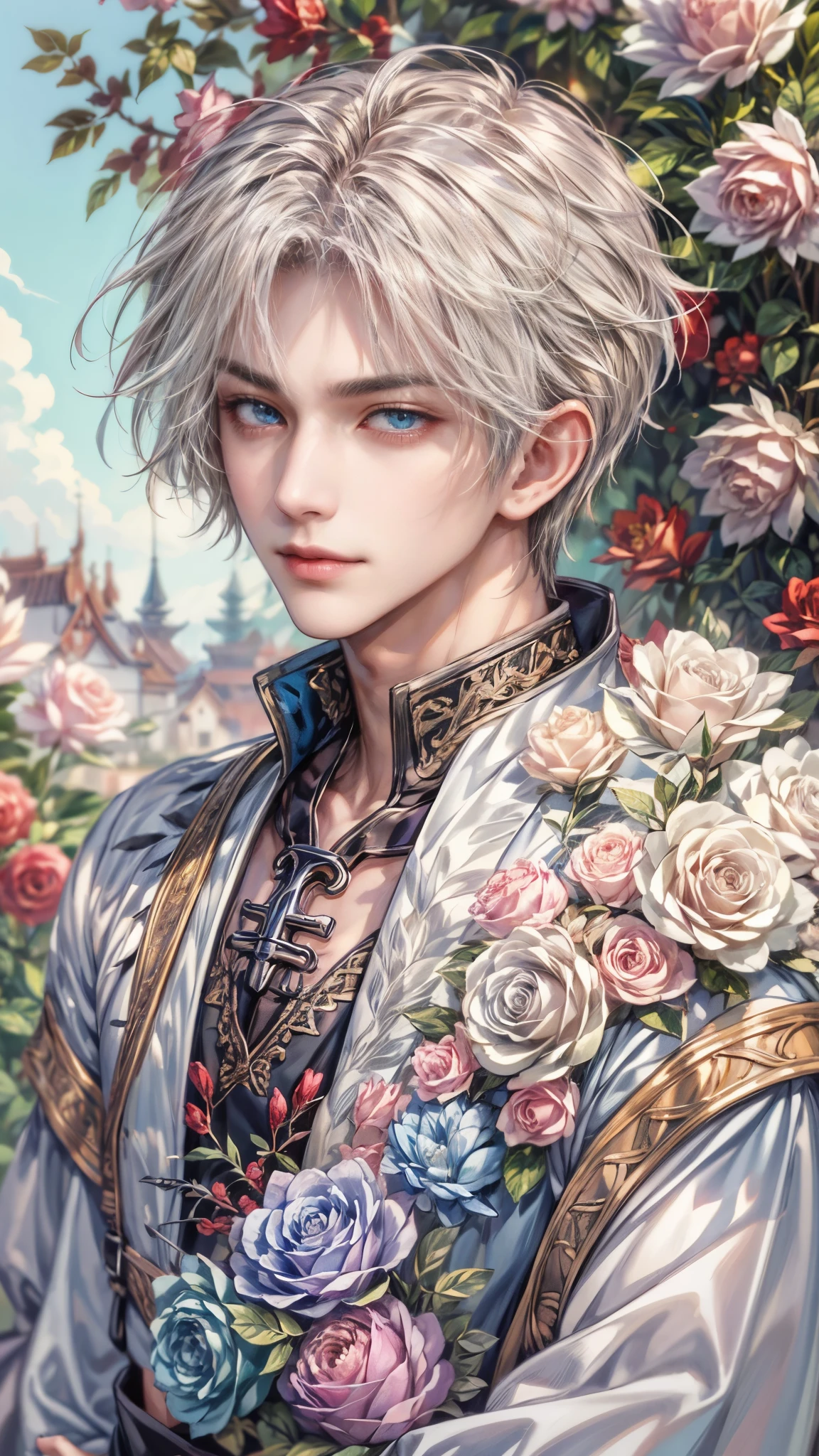 (absurdres, highres, ultra detailed, HDR), masterpiece, intricate details, best quality close-up picture of a character from suikoden, a character with handsome looks, korean face, original hair, short hair, anime blue eyes, smirking face, matured teen, tim Burton theme, horror theme outfit showing chest, crop top, detailed garden wedding setting background, colorful roses scenery, detailed character, art kenouji