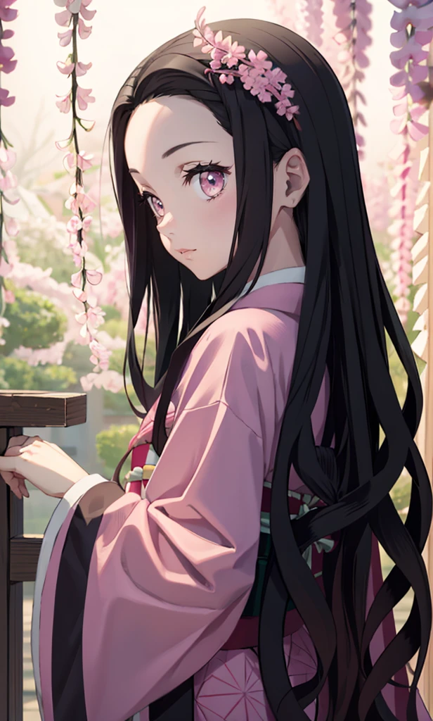 masterpiece, (pink kimono), seductive face, good lighting, low-cut, small details, masterpiece, glowing eyes, 1girl, black hair, on face, Nezuko Kamado, wisteria background, masterpiece, best quality, POV, different poses, backwards, looking back