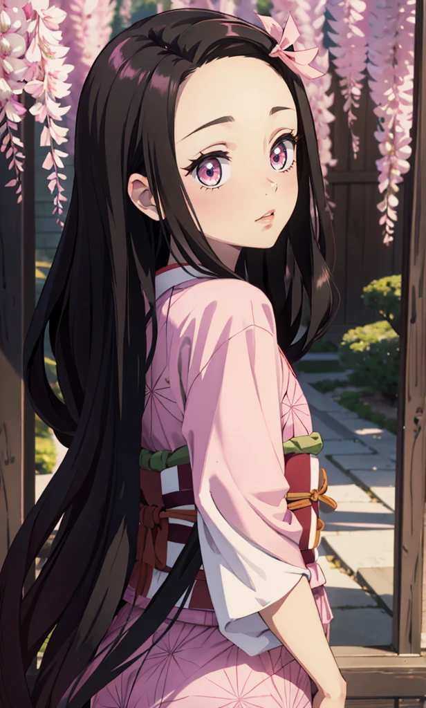 masterpiece, (pink kimono), seductive face, good lighting, low-cut, small details, masterpiece, glowing eyes, 1girl, black hair, on face, Nezuko Kamado, wisteria background, masterpiece, best quality, POV, different poses, backwards, looking back