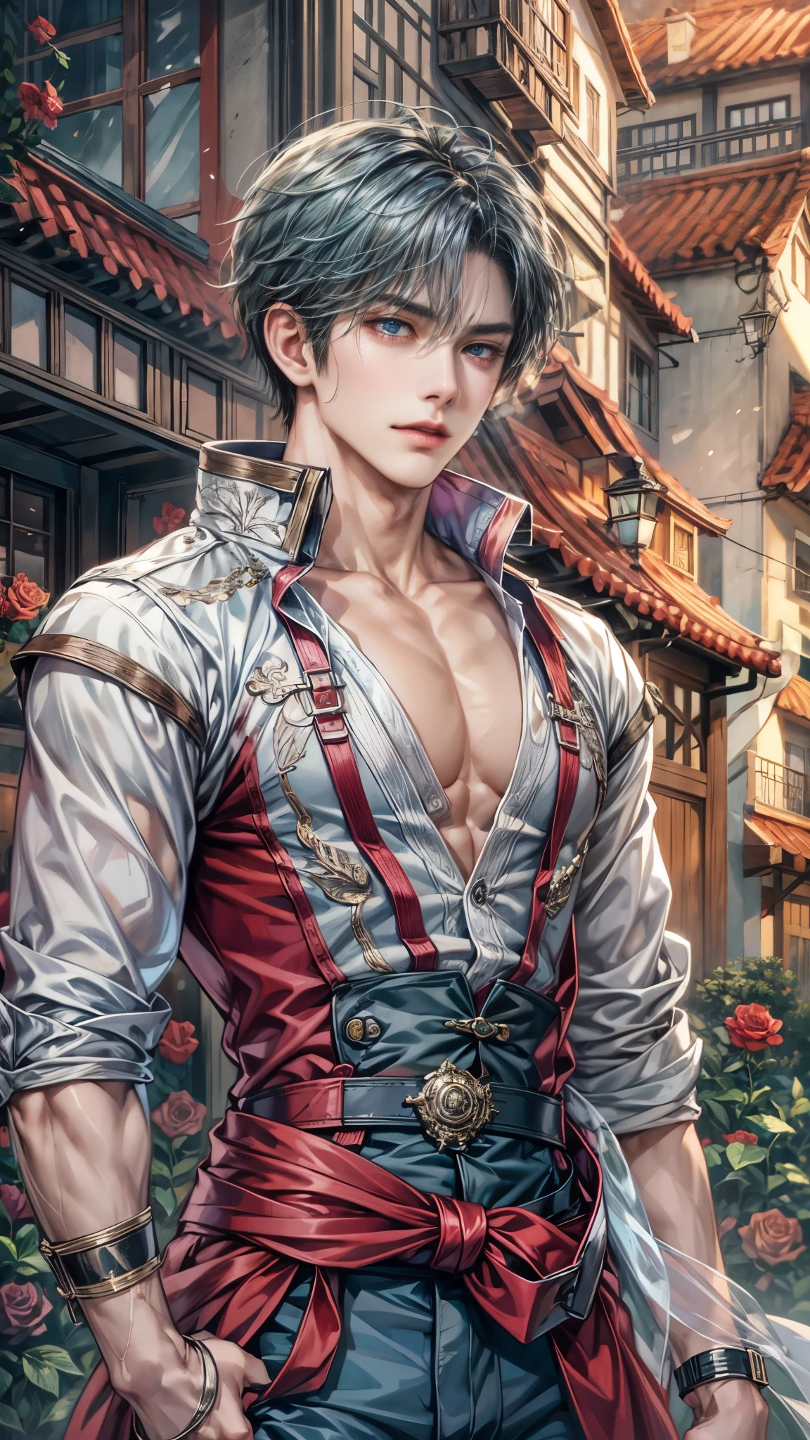 (absurdres, highres, ultra detailed, HDR), masterpiece, intricate details, best quality close-up picture of a character from suikoden, a character with handsome looks, korean face, original hair, short hair, anime blue eyes, smirking face, matured teen, tim Burton theme, topless outfit showing chest, crop top, detailed horror town setting background, colorful roses scenery, detailed character, art kenouji