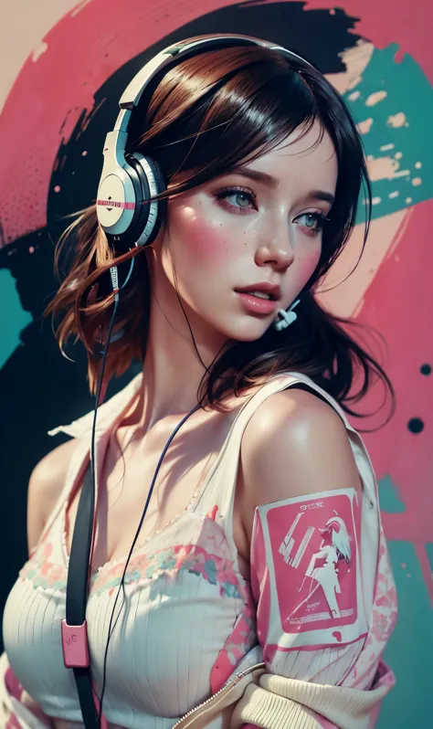 model girl wearing headphones, city background, intricate details, aesthetically pleasing pastel colors, poster background, art by conrad roset and ilya kuvshinov