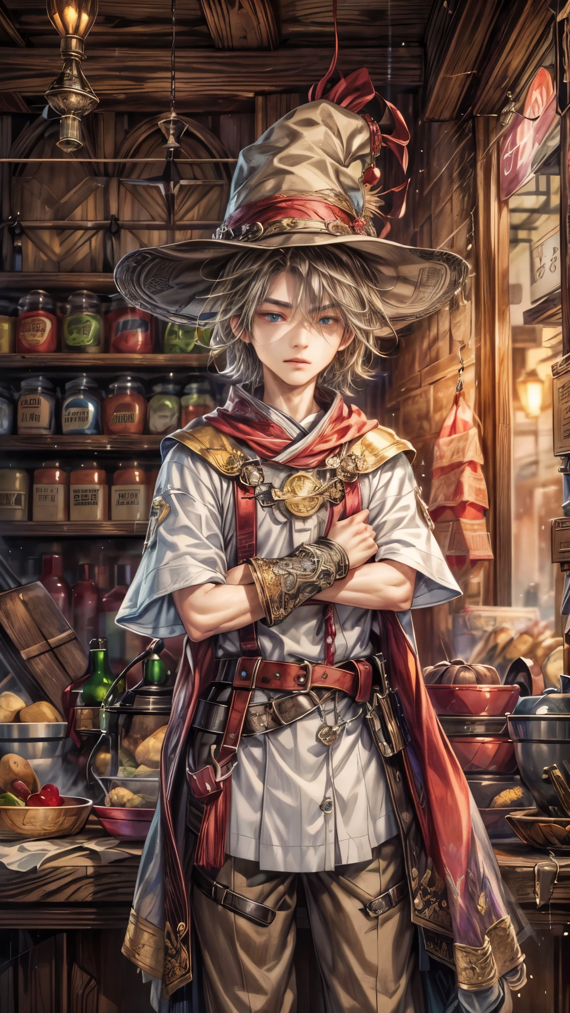 (absurdres, highres, ultra detailed, HDR), masterpiece, intricate, best quality, portrait of a handsome villain from Final Fantasy IX, peridot hair, short hair, korean face, anime eyes, mage outfit , wearing hat, detailed interiors of an rpg wand shop, showing big moon in the windows , detailed character