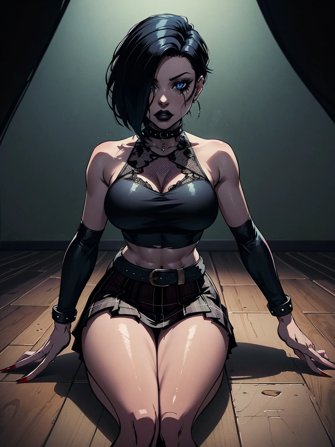 a woman with short black hair, hair on shoulders,  wearing a black cropped  and plaid skirt, blue eyes, zombie art, gothic art, cute aesthetic with vibe, toon aesthetic, wearing red costume, wearing gothic accessories, look like Cassie Hack, whole body, backwards, sitting on the floor, dark background