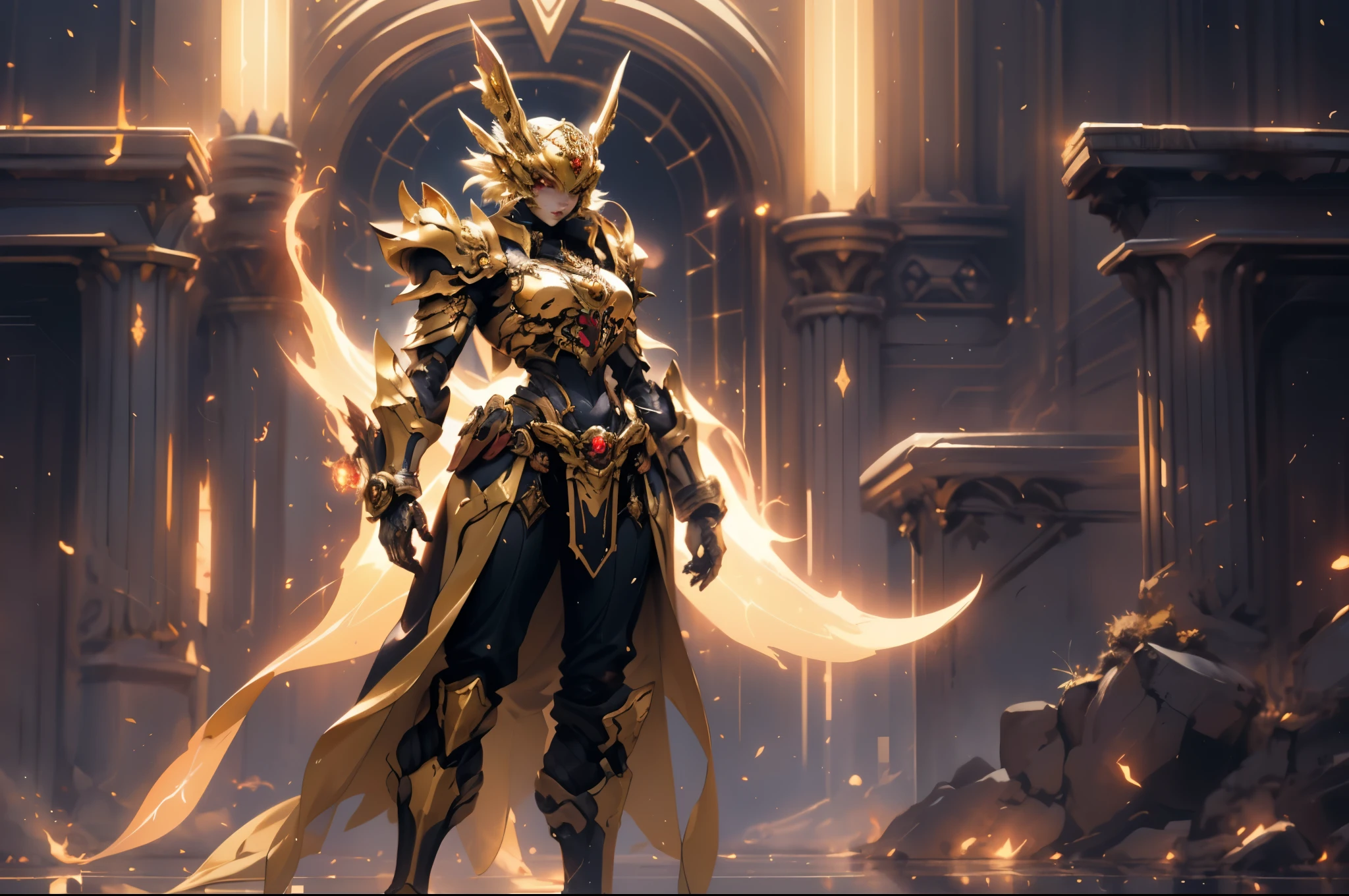 A woman adorned in fantasy-style full-body armor, a crown-concept fully enclosed helmet that unveils only her eyes, a composite layered chest plate, fully encompassing shoulder and hand guards, a lightweight waist armor, form-fitting shin guards, the overall design is heavy-duty yet flexible, ((the armor gleams with a golden glow, complemented by red and blue accents)), exhibiting a noble aura, she floats above a fantasy-surreal high-tech city, this character embodies a finely crafted fantasy-surreal style armored hero in anime style, exquisite and mature manga art style, (mixture of Queen bee and Spider concept Armor, plasma, blood), ((Element, energy, elegant, goddess, femminine:1.5)), metallic, high definition, best quality, highres, ultra-detailed, ultra-fine painting, extremely delicate, professional, anatomically correct, symmetrical face, extremely detailed eyes and face, high quality eyes, creativity, RAW photo, UHD, 32k, Natural light, cinematic lighting, masterpiece-anatomy-perfect, masterpiece:1.5