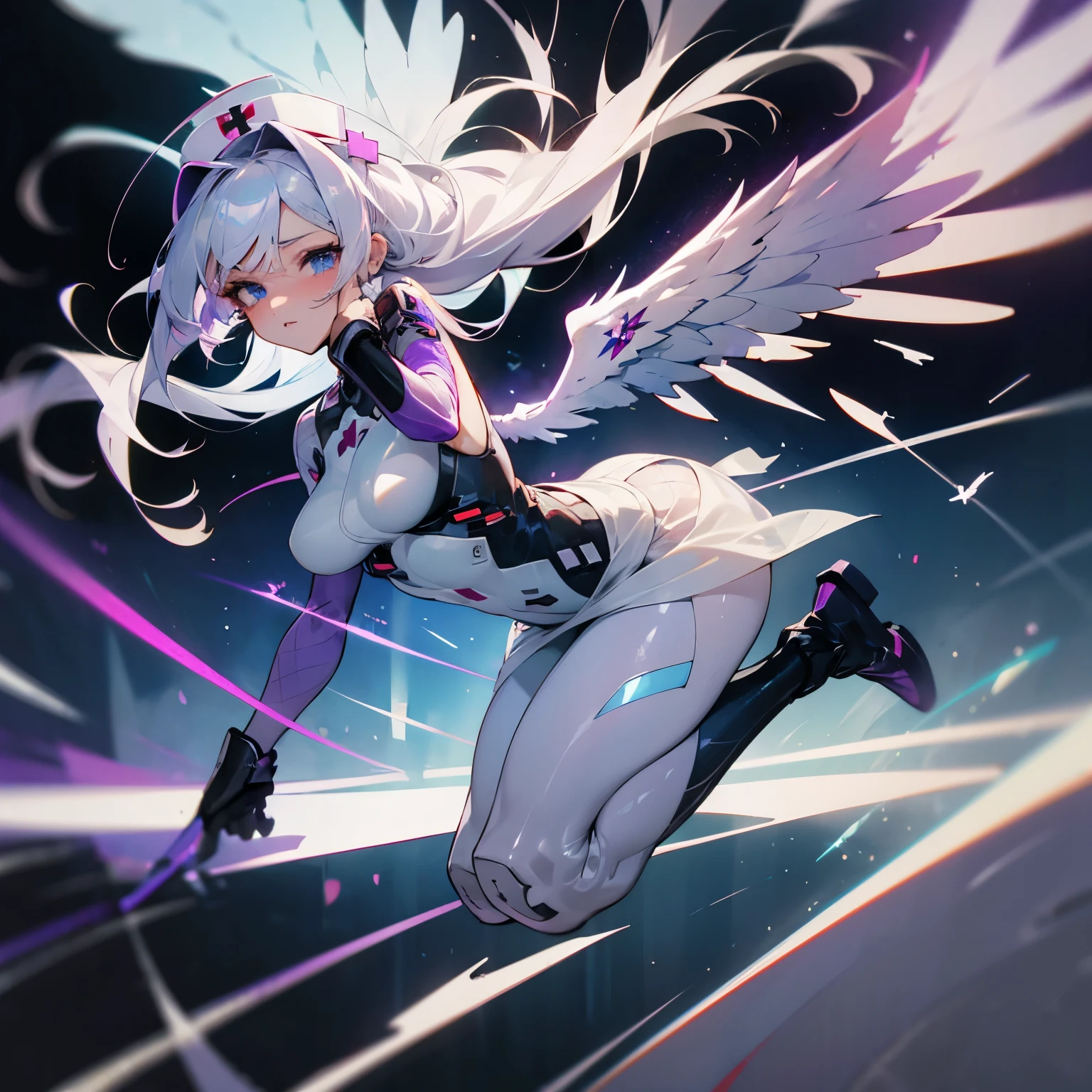 futuristic battle medic, nurse, beautiful body, sexy, beautiful face, sexy pose, anime, white hair, purple red and blue eyes, worried, long hair, silver hair, full body, seethrough leggins, futuristic skirt, good breasts, good anatomy, flying towards camera, cute face, angel wings, holographic suit