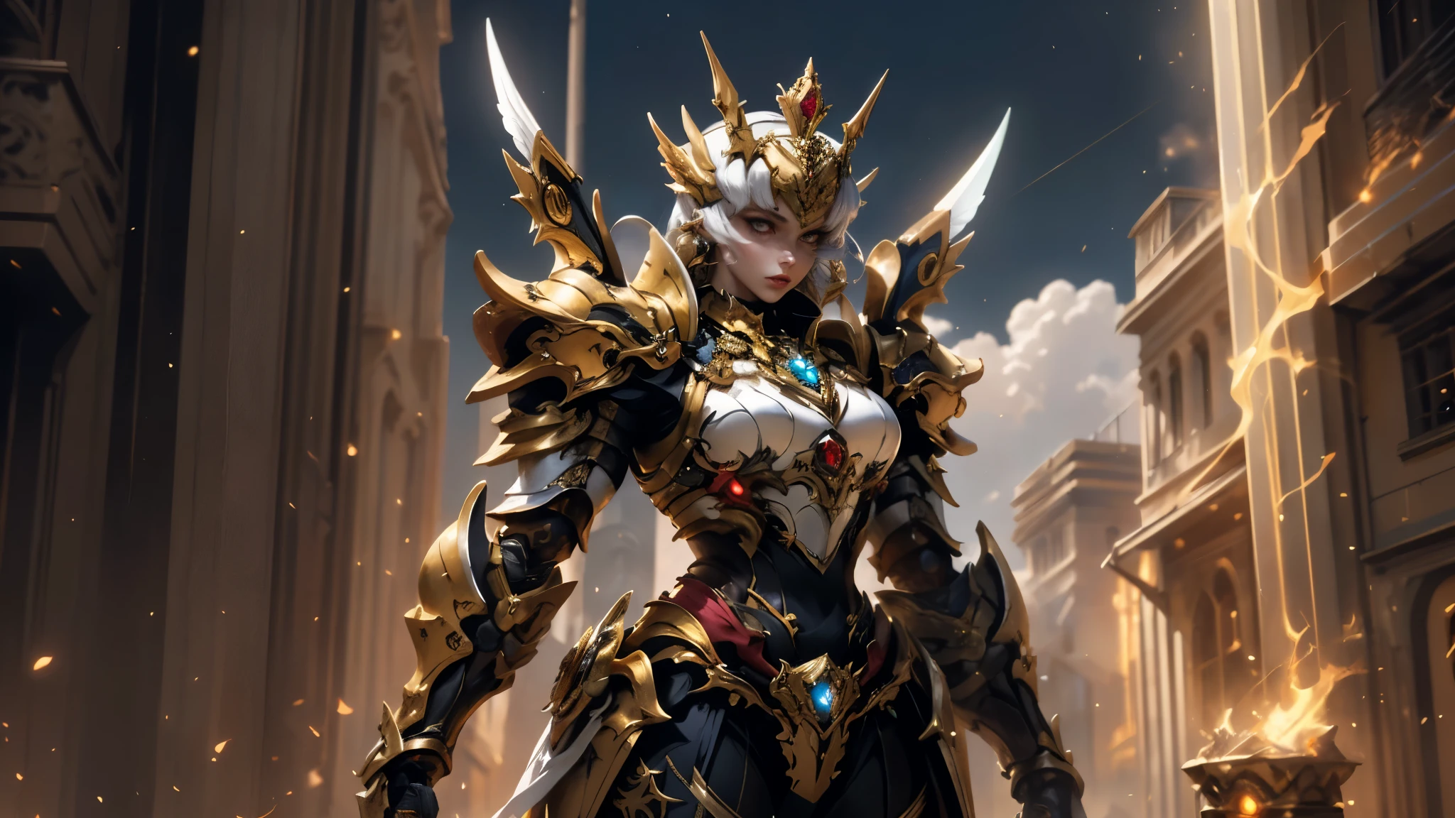 A woman adorned in fantasy-style full-body armor, a crown-concept fully enclosed helmet that unveils only her eyes, a composite layered chest plate, fully encompassing shoulder and hand guards, a lightweight waist armor, form-fitting shin guards, the overall design is heavy-duty yet flexible, ((the armor gleams with a golden glow, complemented by red and blue accents)), exhibiting a noble aura, she floats above a fantasy-surreal high-tech city, this character embodies a finely crafted fantasy-surreal style armored hero in anime style, exquisite and mature manga art style, (mixture of Queen bee and Spider concept Armor, plasma, blood), ((Element, energy, elegant, goddess, femminine:1.5)), metallic, high definition, best quality, highres, ultra-detailed, ultra-fine painting, extremely delicate, professional, anatomically correct, symmetrical face, extremely detailed eyes and face, high quality eyes, creativity, RAW photo, UHD, 32k, Natural light, cinematic lighting, masterpiece-anatomy-perfect, masterpiece:1.5