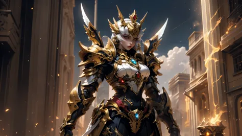 A woman adorned in fantasy-style full-body armor, a crown-concept fully enclosed helmet that unveils only her eyes, a composite ...