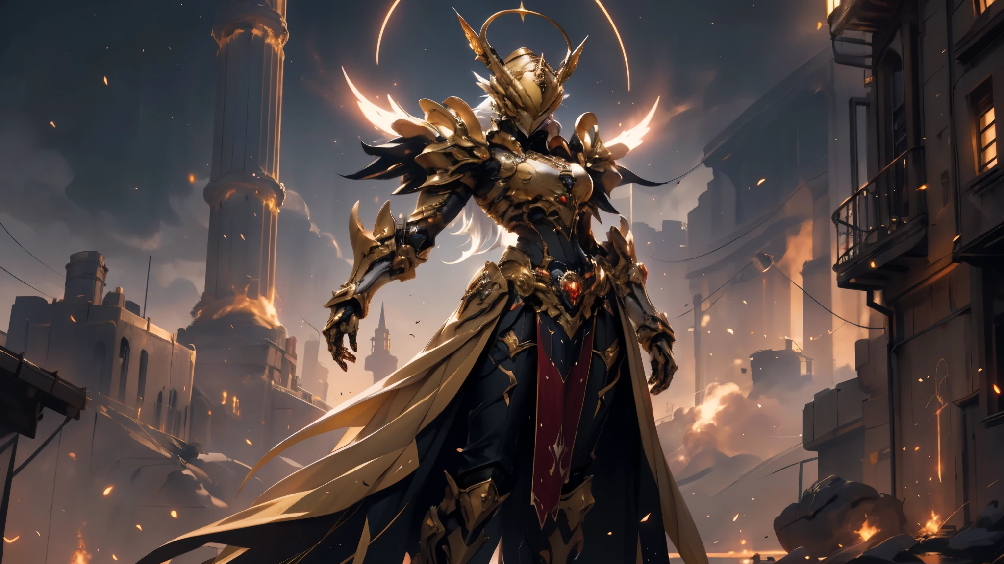 A woman adorned in fantasy-style full-body armor, a crown-concept fully enclosed helmet that unveils only her eyes, a composite layered chest plate, fully encompassing shoulder and hand guards, a lightweight waist armor, form-fitting shin guards, the overall design is heavy-duty yet flexible, ((the armor gleams with a golden glow, complemented by red and blue accents)), exhibiting a noble aura, she floats above a fantasy-surreal high-tech city, this character embodies a finely crafted fantasy-surreal style armored hero in anime style, exquisite and mature manga art style, (mixture of Queen bee and Spider concept Armor, plasma, blood), ((Element, energy, elegant, goddess, femminine:1.5)), metallic, high definition, best quality, highres, ultra-detailed, ultra-fine painting, extremely delicate, professional, anatomically correct, symmetrical face, extremely detailed eyes and face, high quality eyes, creativity, RAW photo, UHD, 32k, Natural light, cinematic lighting, masterpiece-anatomy-perfect, masterpiece:1.5