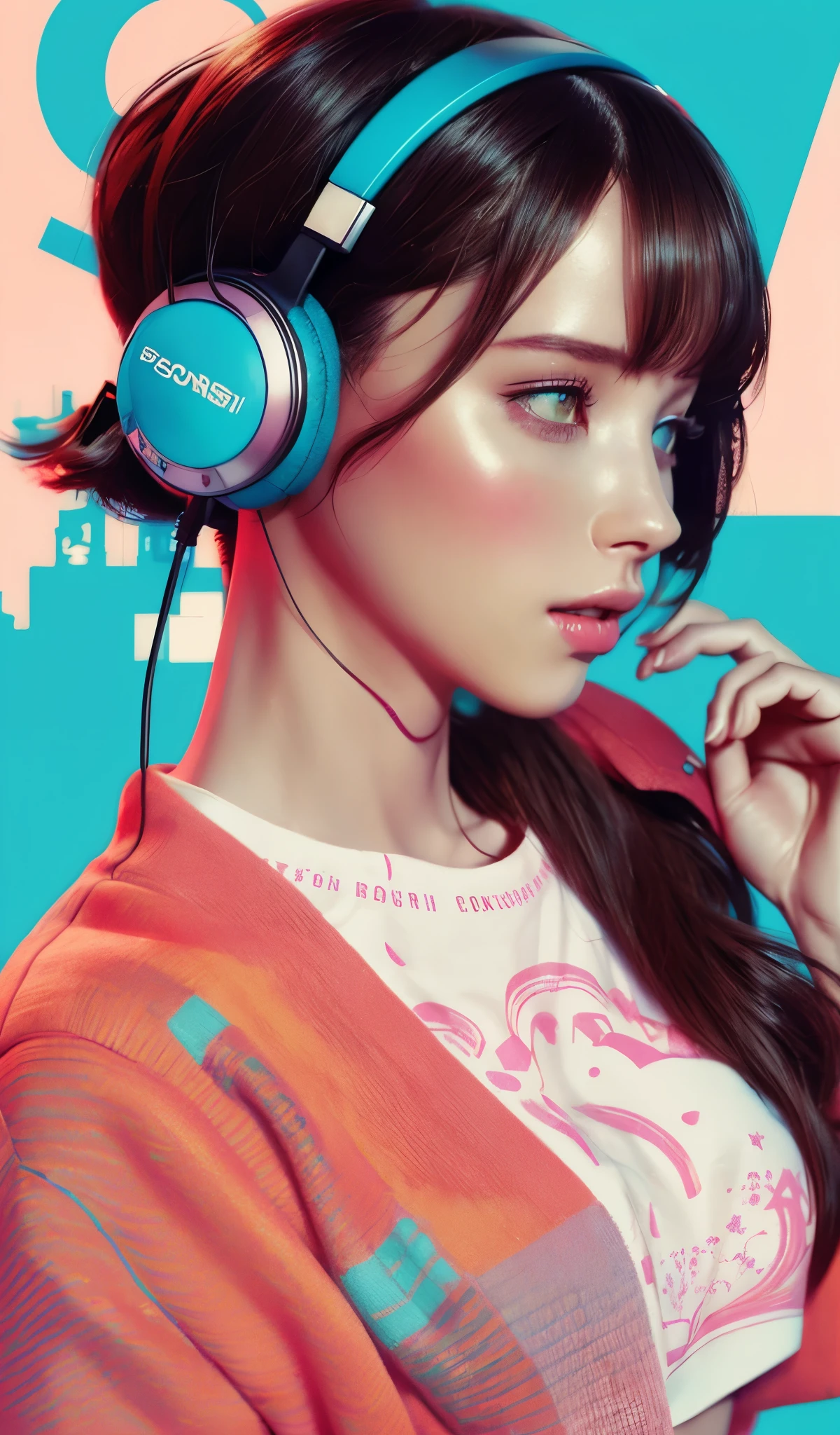 chica modelo con auriculares, Fondo de la ciudad, detalles intrincados, colores pastel estéticamente agradables, fondo del cartel, arte de conrad roset e ilya kuvshinov