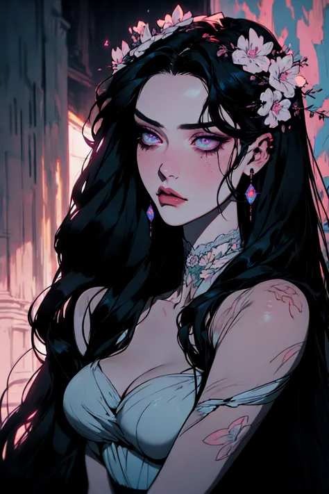 hyper-realistic  of a mysterious woman with flowing black hair, piercing opal eyes, and a delicate floral crown, , upper body