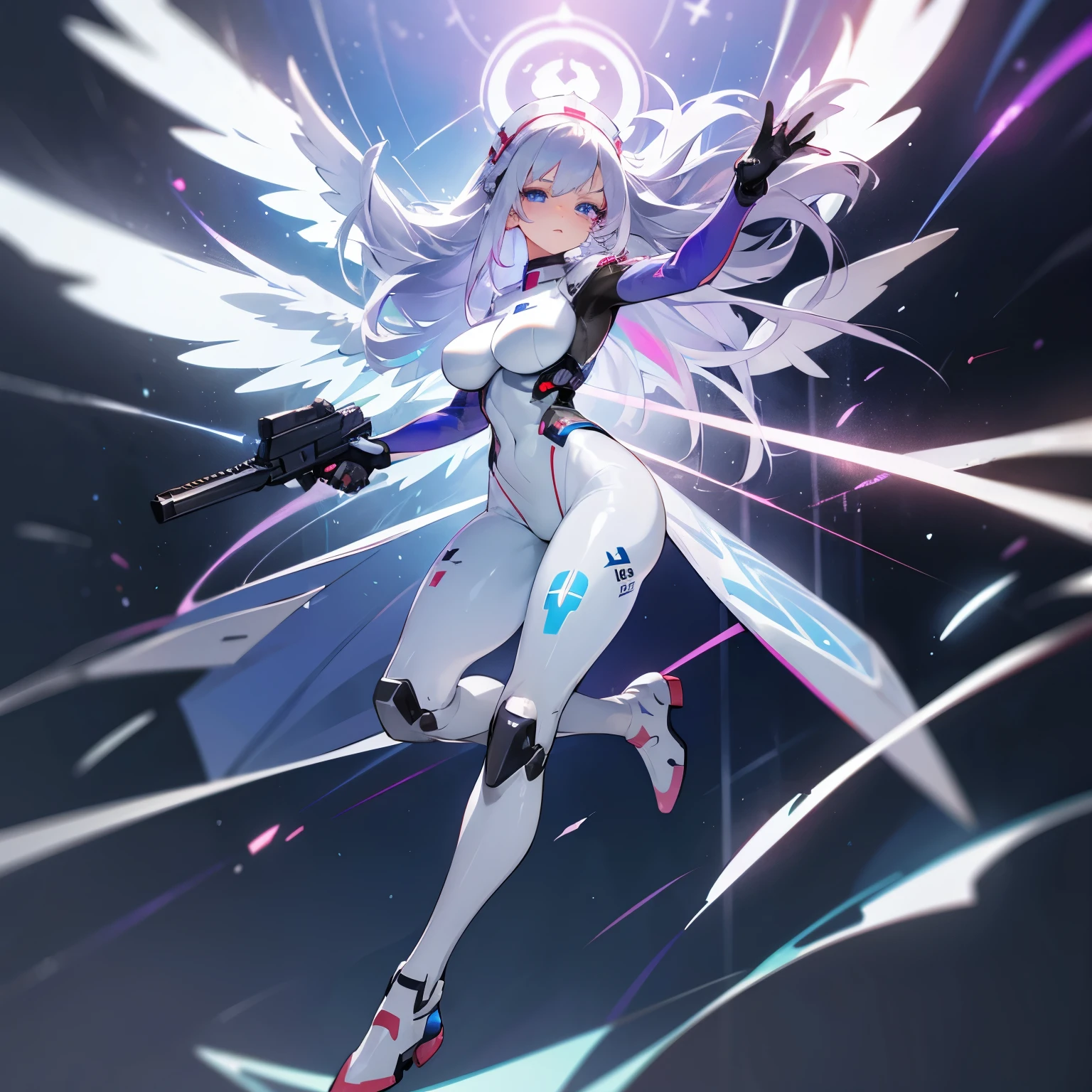 futuristic battle medic, nurse, beautiful body, sexy, beautiful face, confident pose, anime, white hair, purple red and blue eyes, worried, long hair, silver hair, full body, transparent leggins, futuristic suit, big breasts, good anatomy, cute face, angel wings, holographic suit, pistol