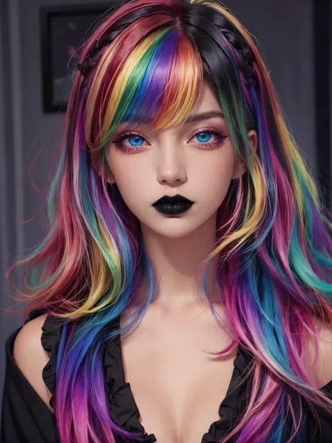 1girl, solo, goth ,short messy hair with long sides, short hair, black lips, eyeshadow, mascara, color: spectrum, vivid colors, rainbow hair , bright rainbow hair, perfect eyes, detailed eyes, medium breasts, indoors  , highly detailed portrait, full body ...